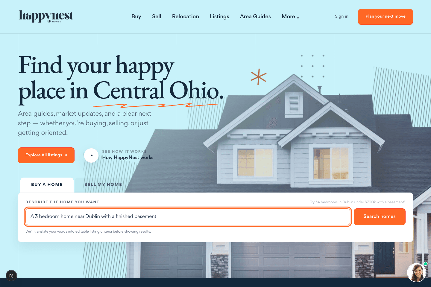 The HappyNest homepage AI search box with a natural-language query typed in