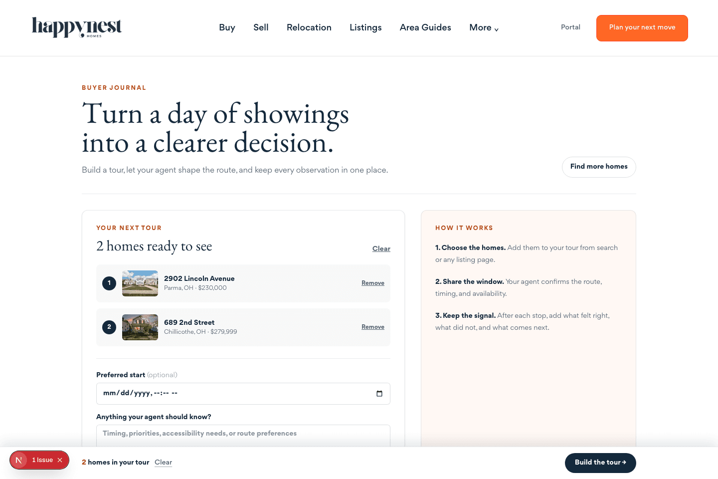 The HappyNest tour builder with two homes queued up for a showing