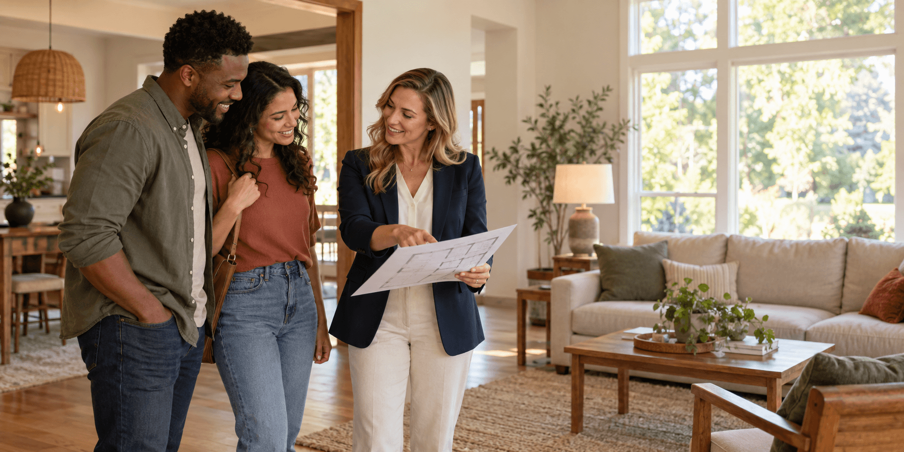 A homebuyer reviewing a plan with a HappyNest agent