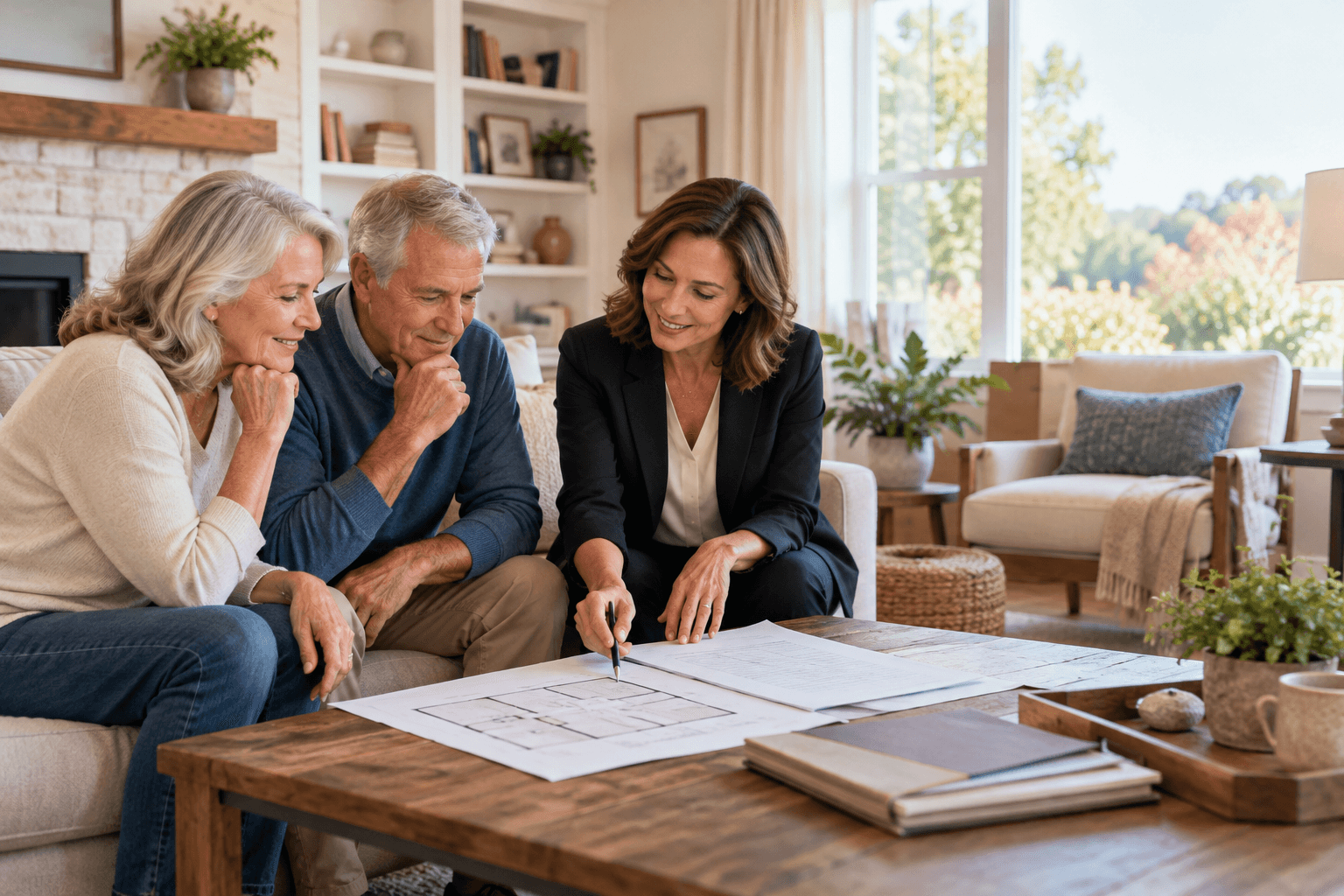 Homeowners reviewing next-home options with a real-estate agent