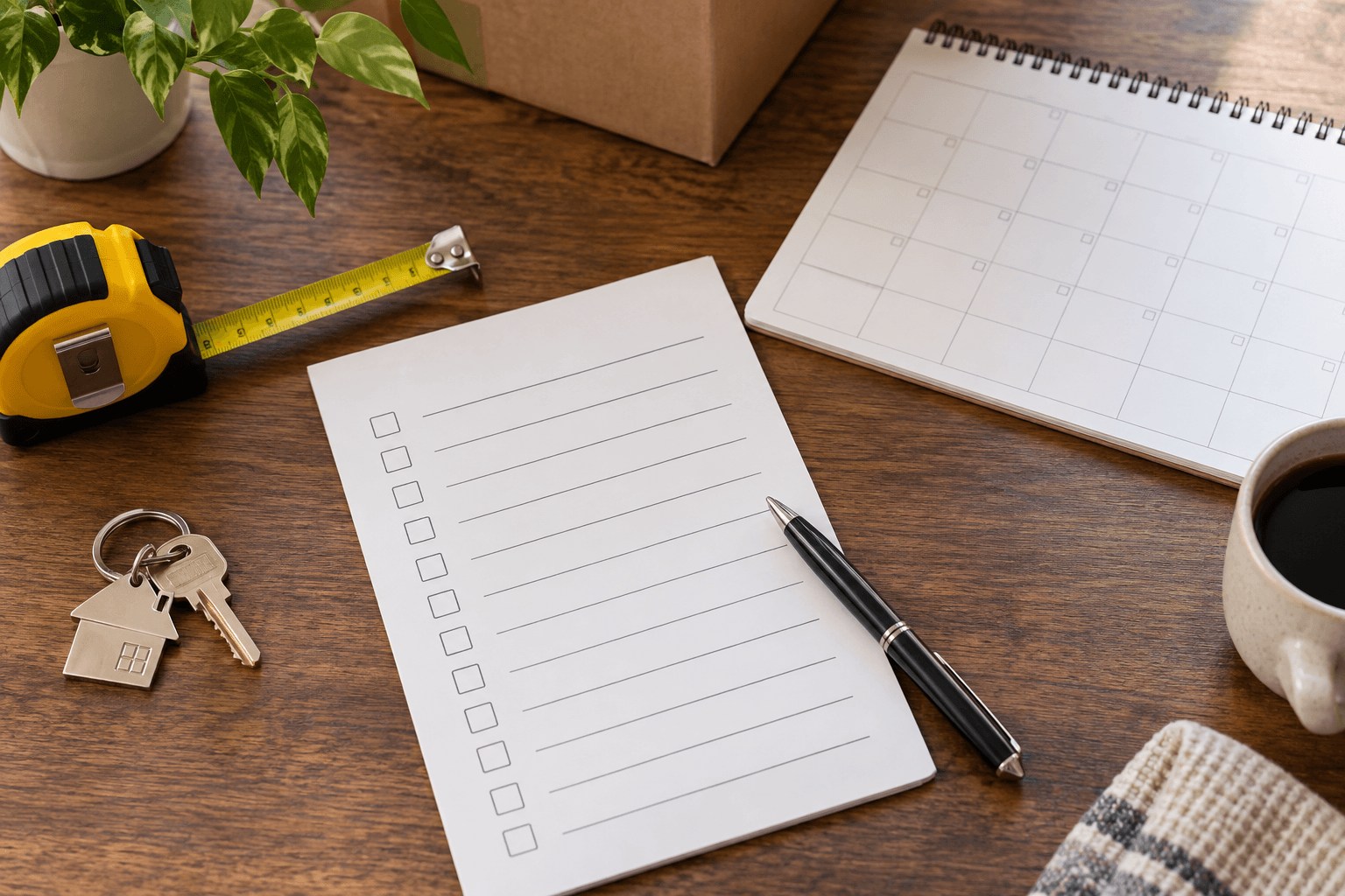 A blank checklist, house keys, tape measure, and calendar ready for a home sale plan