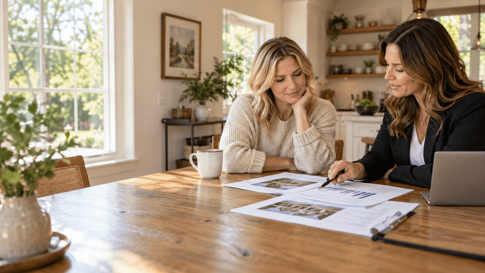 A homeowner reviewing a sale plan with a real-estate agent