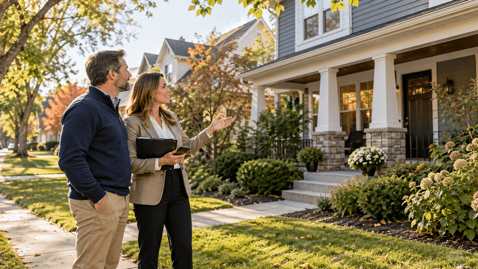 A homeowner and real-estate agent reviewing a home's exterior and next steps