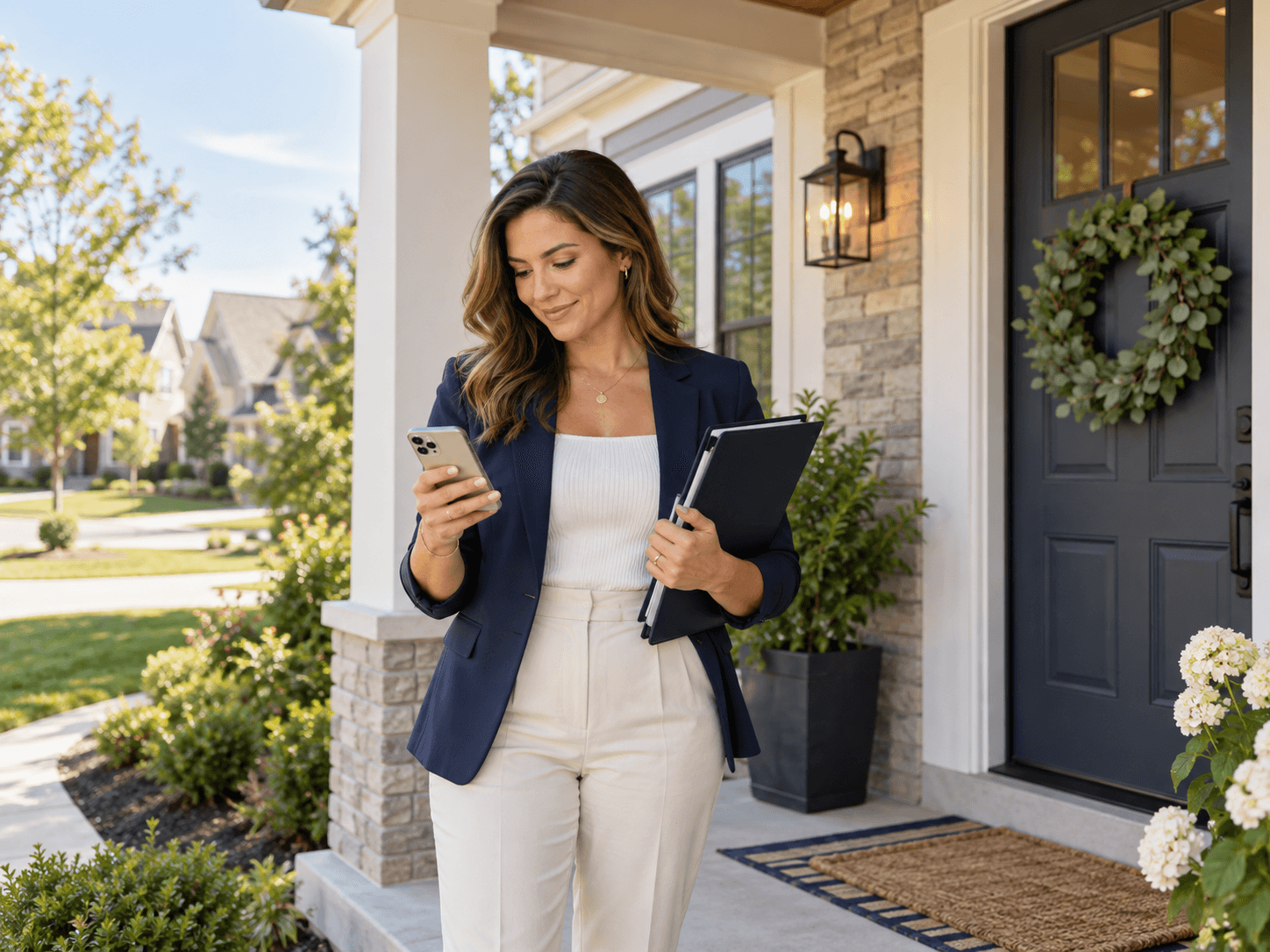A real estate agent preparing for a home showing outside a Central Ohio home