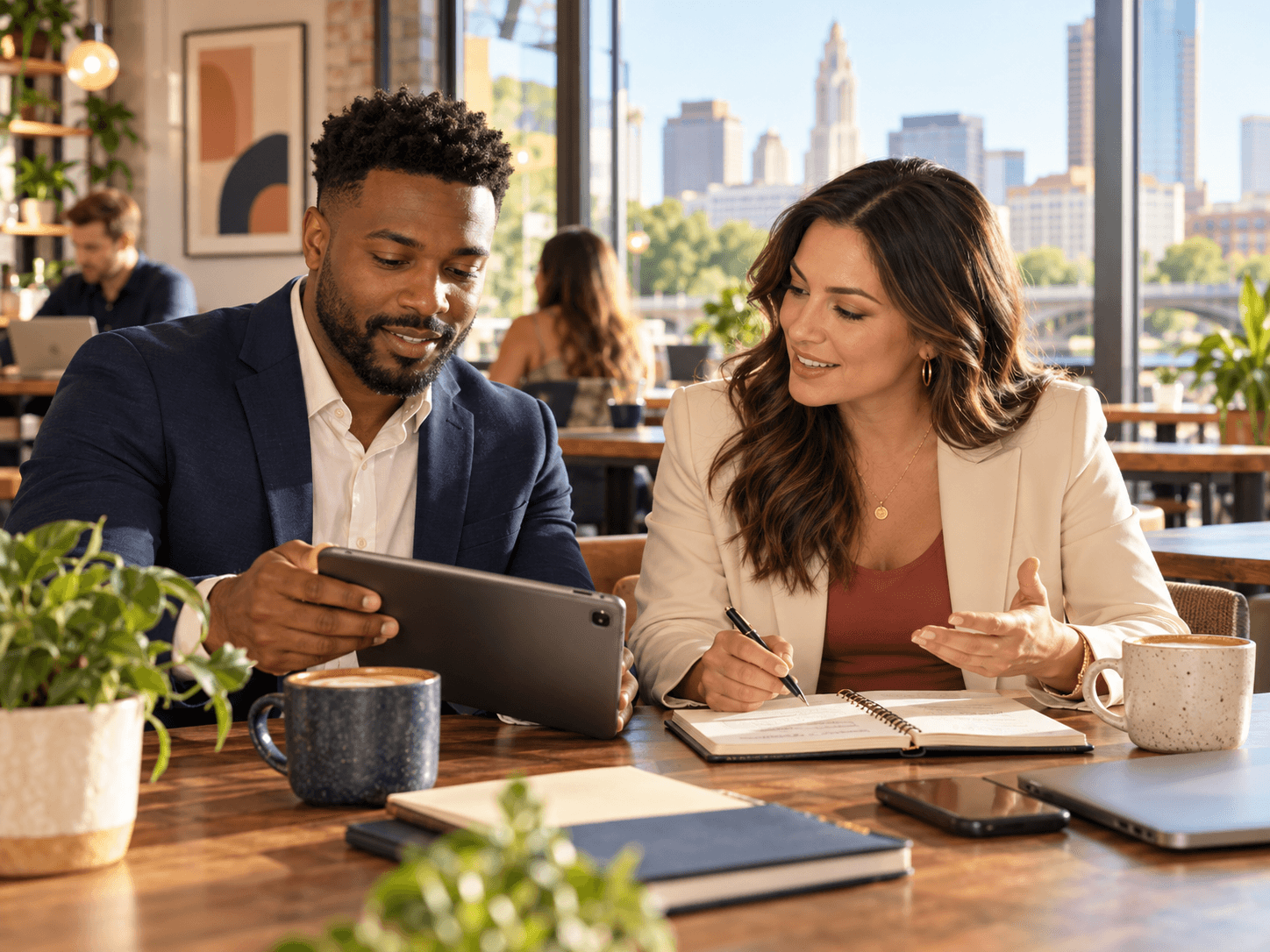 Two HappyNest Homes agents collaborating on a market plan in a bright neighborhood workspace