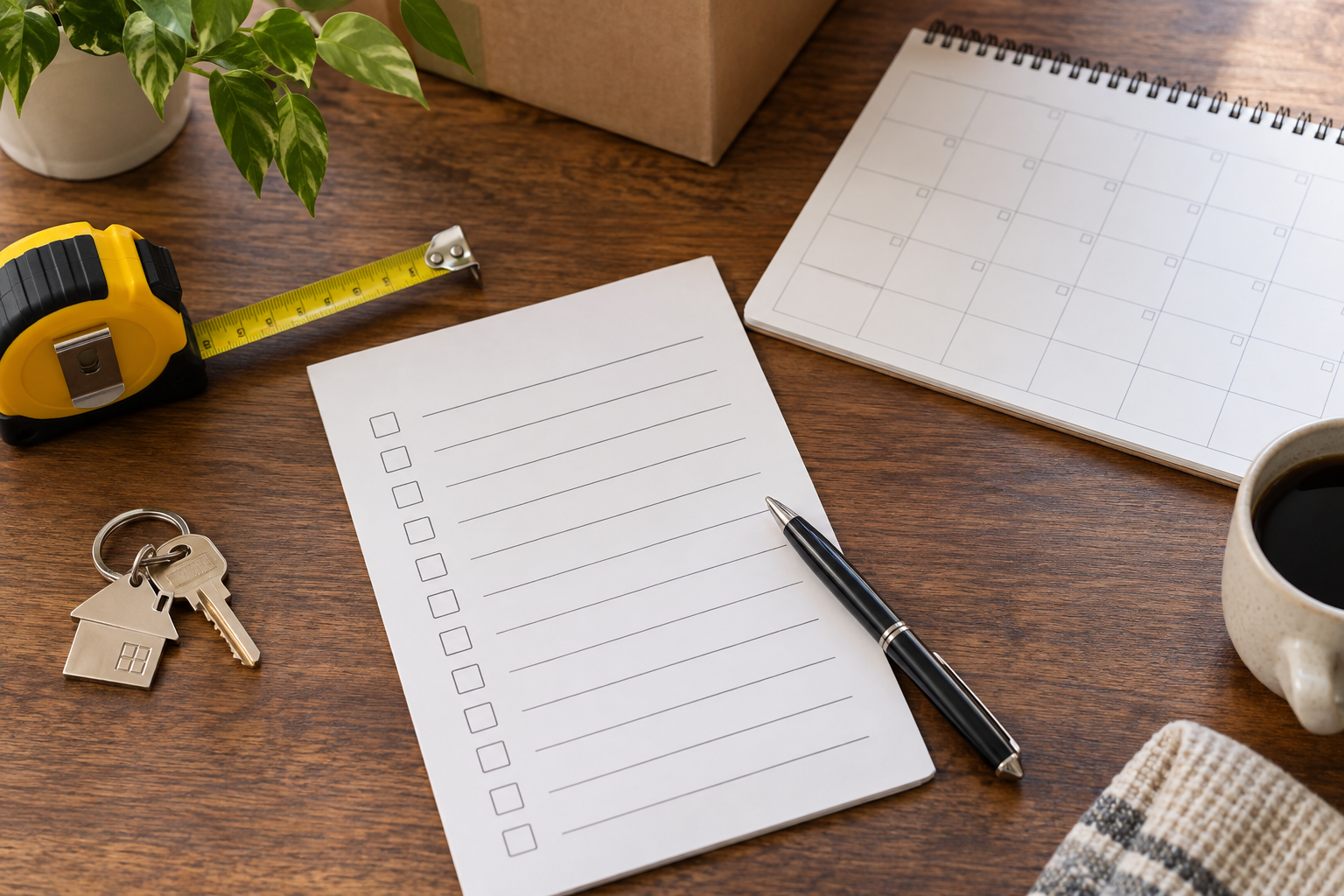 A blank checklist, house keys, tape measure, and calendar ready for a home sale plan